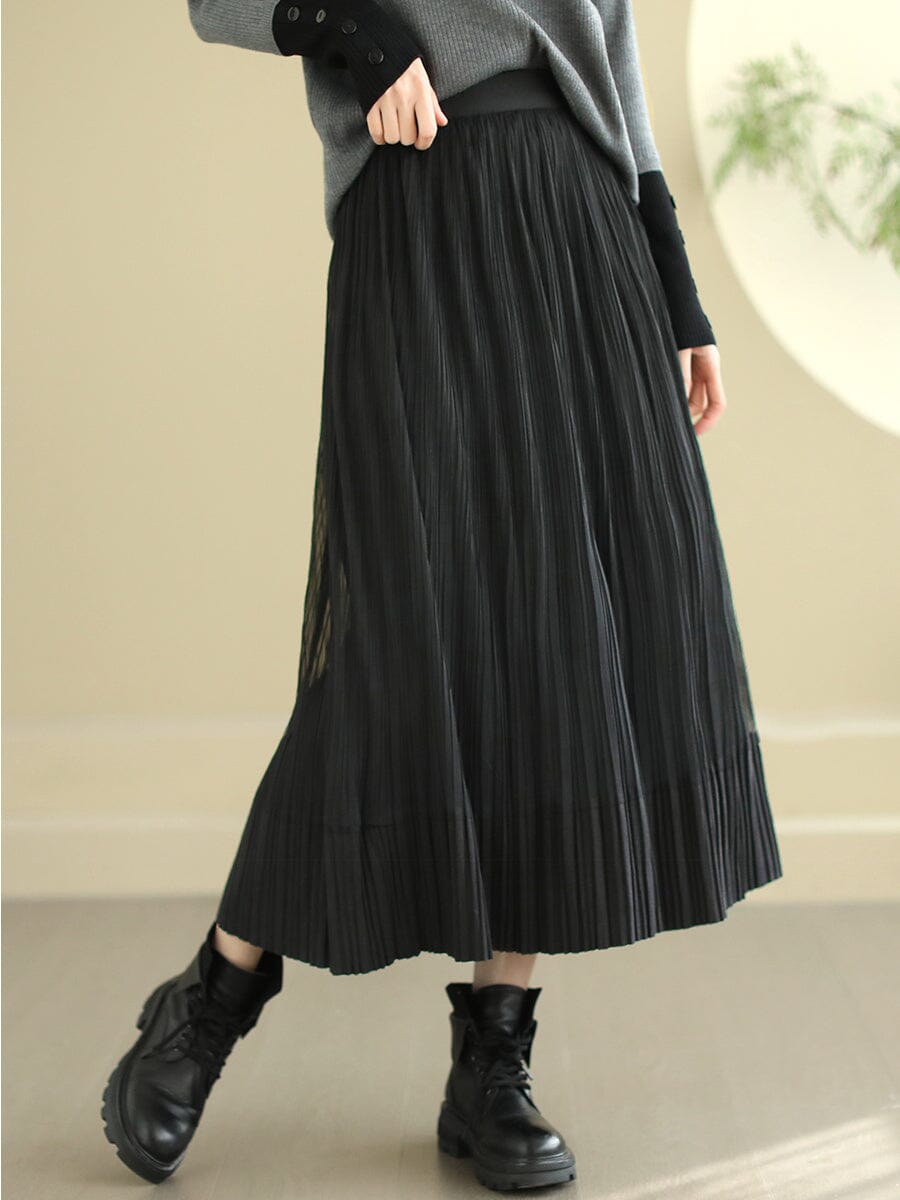 Spring Casual Minimalist Solid Pleated A-Line Skirt