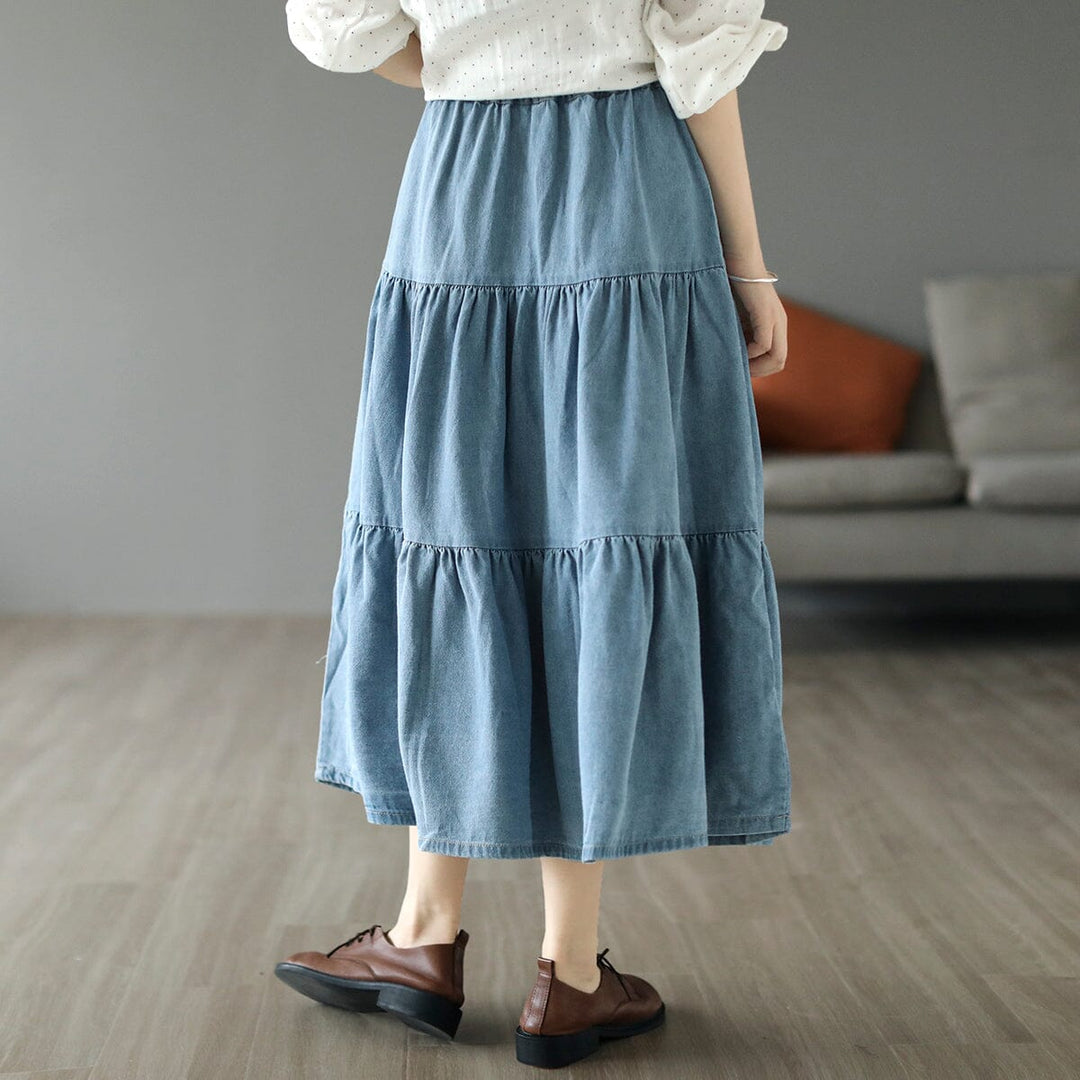 Spring Cotton Patchwork Casual Midi Skirt