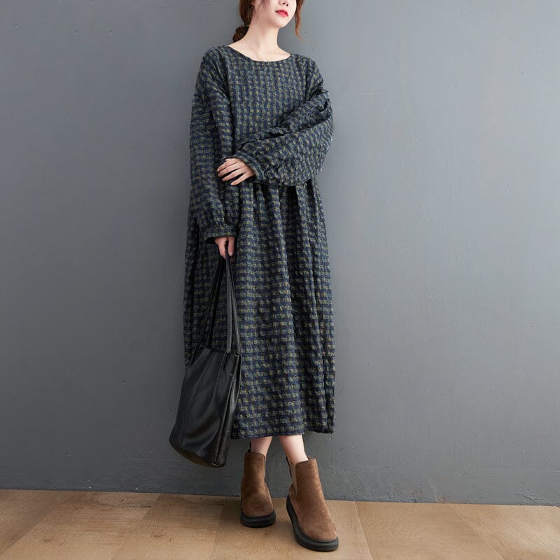 Spring Loose Casual Plaid Dress Long Sleeve