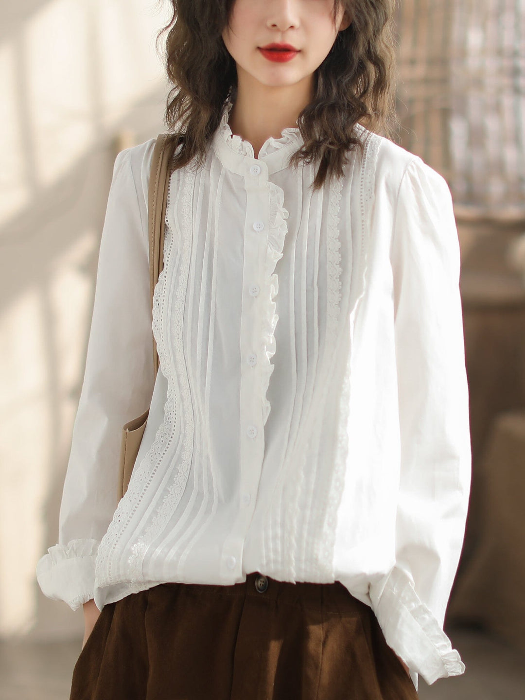 Spring Minimalist Lace Ruffle Cotton Casual Blouse