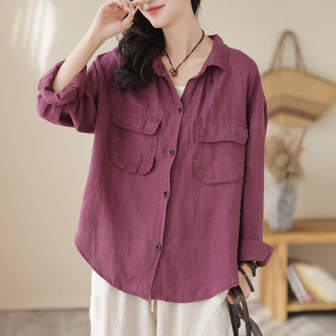 Spring Retro Casual Loose Pockets Linen Blouse