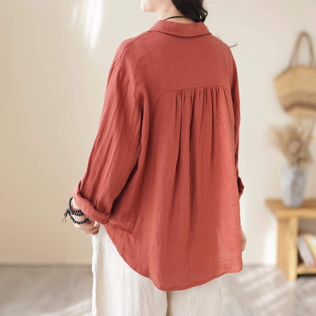 Spring Retro Casual Loose Pockets Linen Blouse