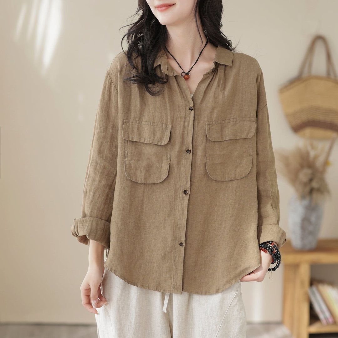 Spring Retro Casual Loose Pockets Linen Blouse