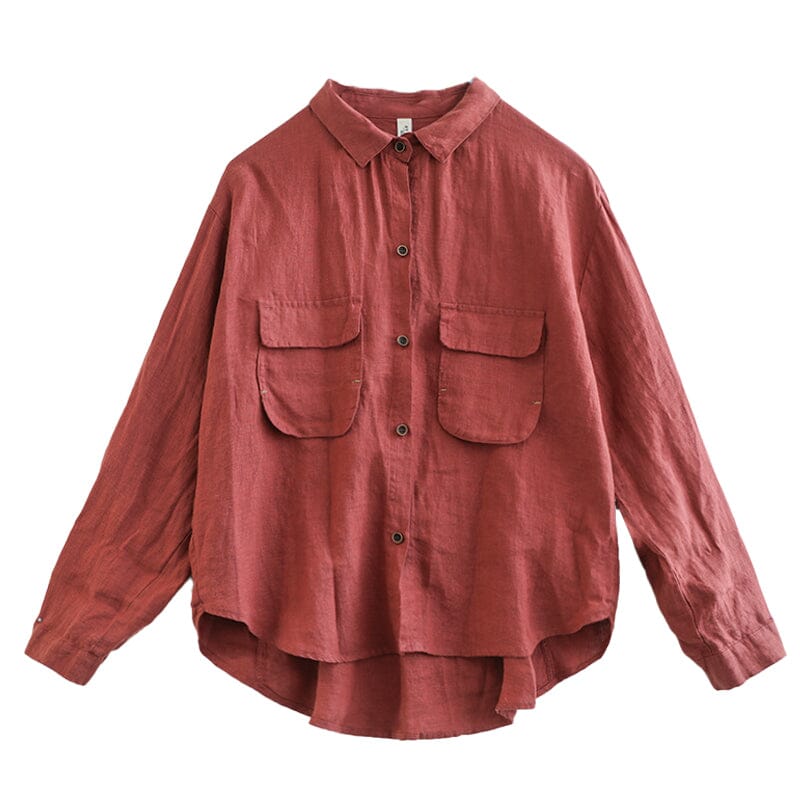 Spring Retro Casual Loose Pockets Linen Blouse