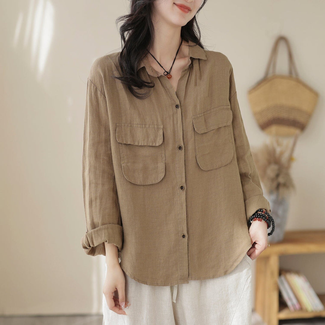 Spring Retro Casual Loose Pockets Linen Blouse