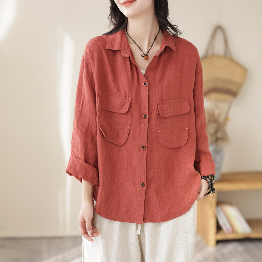 Spring Retro Casual Loose Pockets Linen Blouse