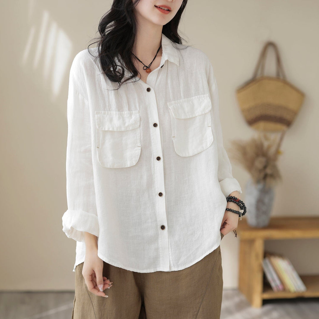 Spring Retro Casual Loose Pockets Linen Blouse