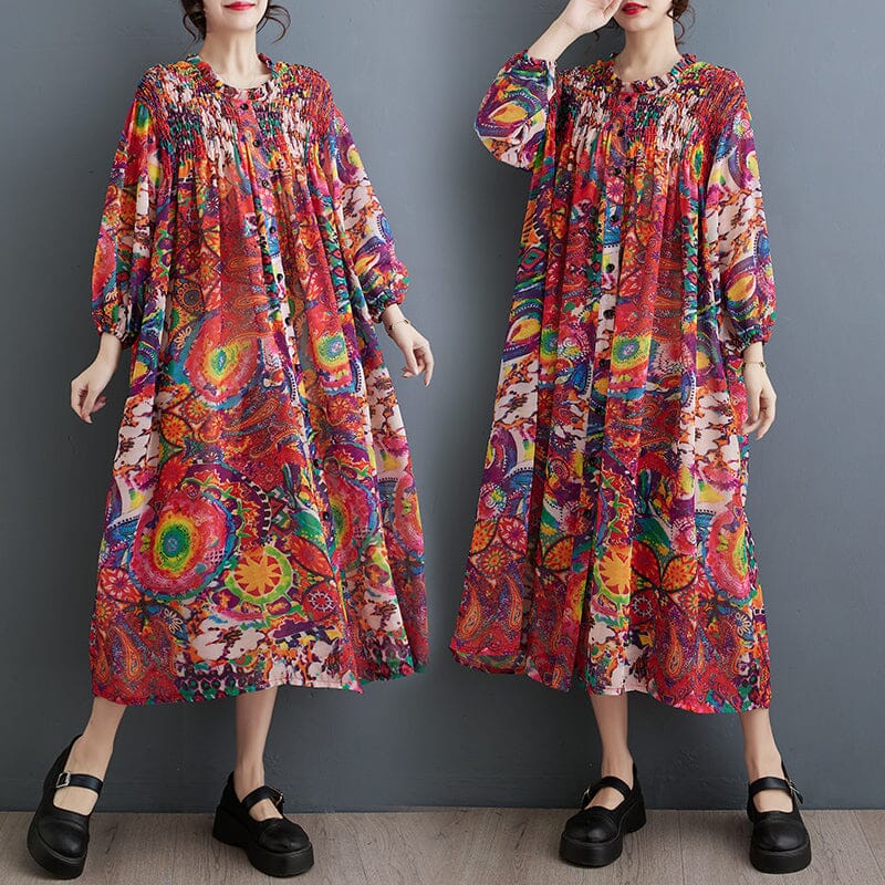 Spring Retro Floral Loose Chiffon Dress