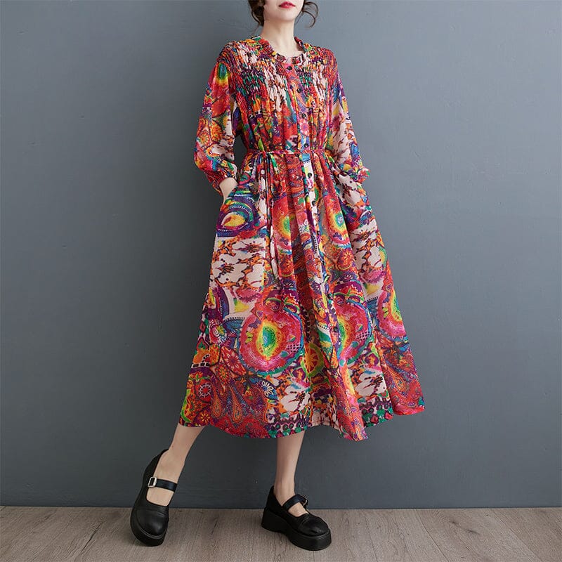 Spring Retro Floral Loose Chiffon Dress