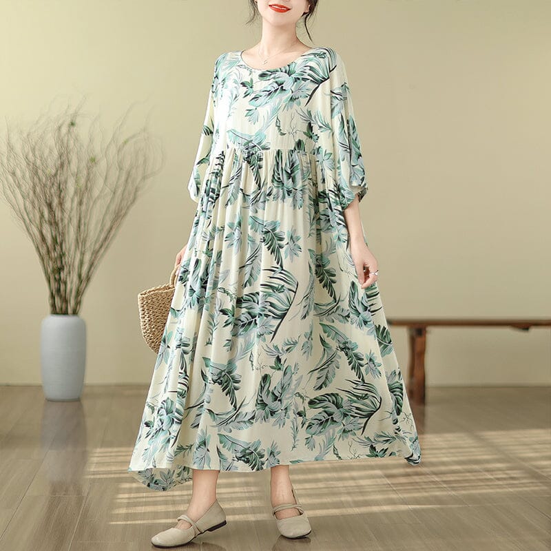 Spring Green Leaf Print Casual Loose Dress