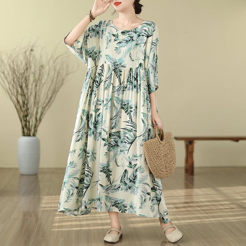 Spring Green Leaf Print Casual Loose Dress