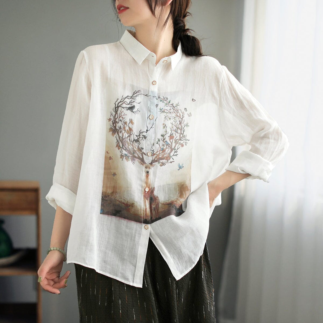 Spring Retro Print Thin Linen Casual Blouse