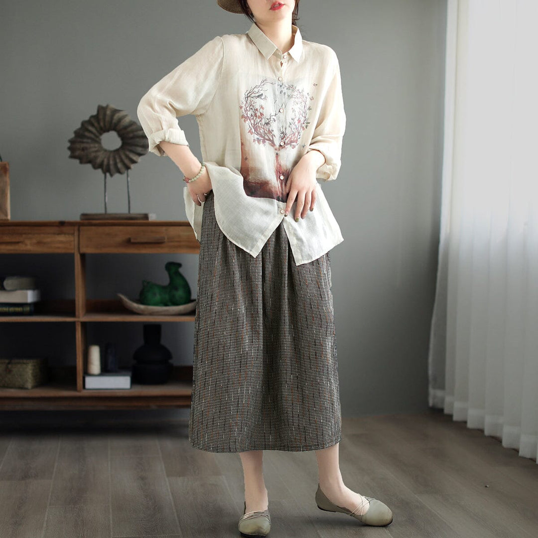 Spring Retro Print Thin Linen Casual Blouse