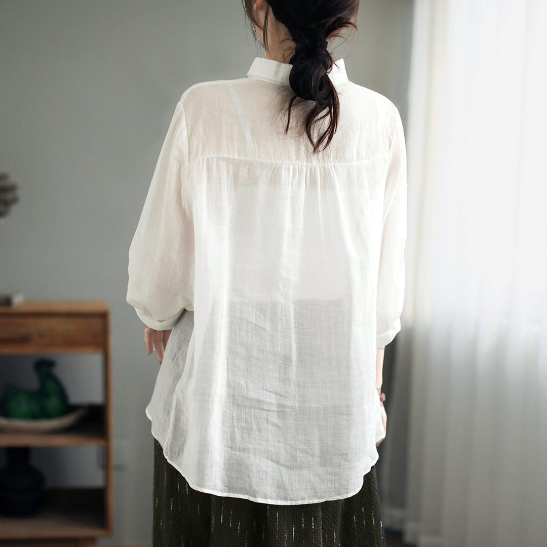 Spring Retro Print Thin Linen Casual Blouse