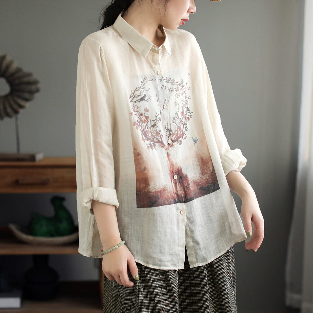 Spring Retro Print Thin Linen Casual Blouse