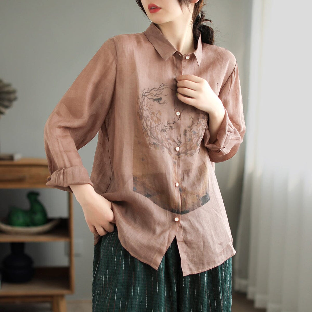 Spring Retro Print Thin Linen Casual Blouse