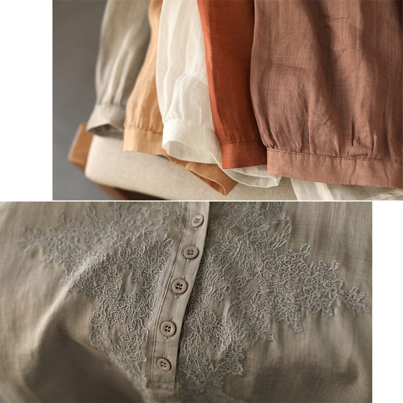 Spring Retro Solid Embroidery Linen Blouse