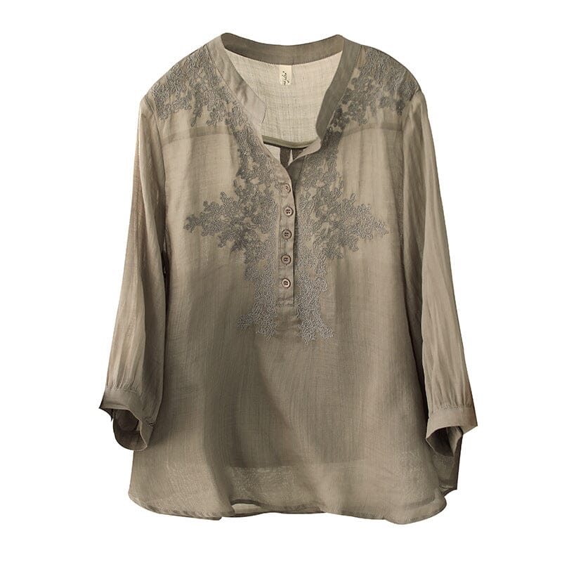 Spring Retro Solid Embroidery Linen Blouse