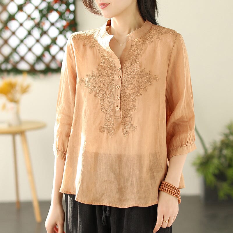 Spring Retro Solid Embroidery Linen Blouse