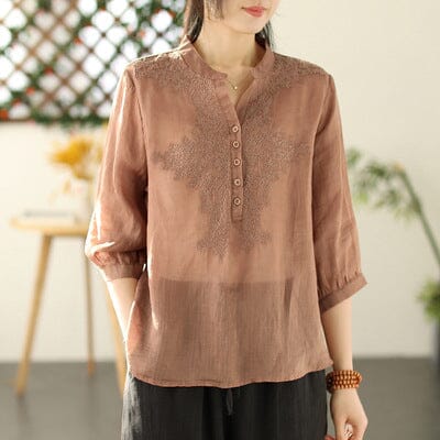 Spring Retro Solid Embroidery Linen Blouse