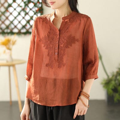 Spring Retro Solid Embroidery Linen Blouse