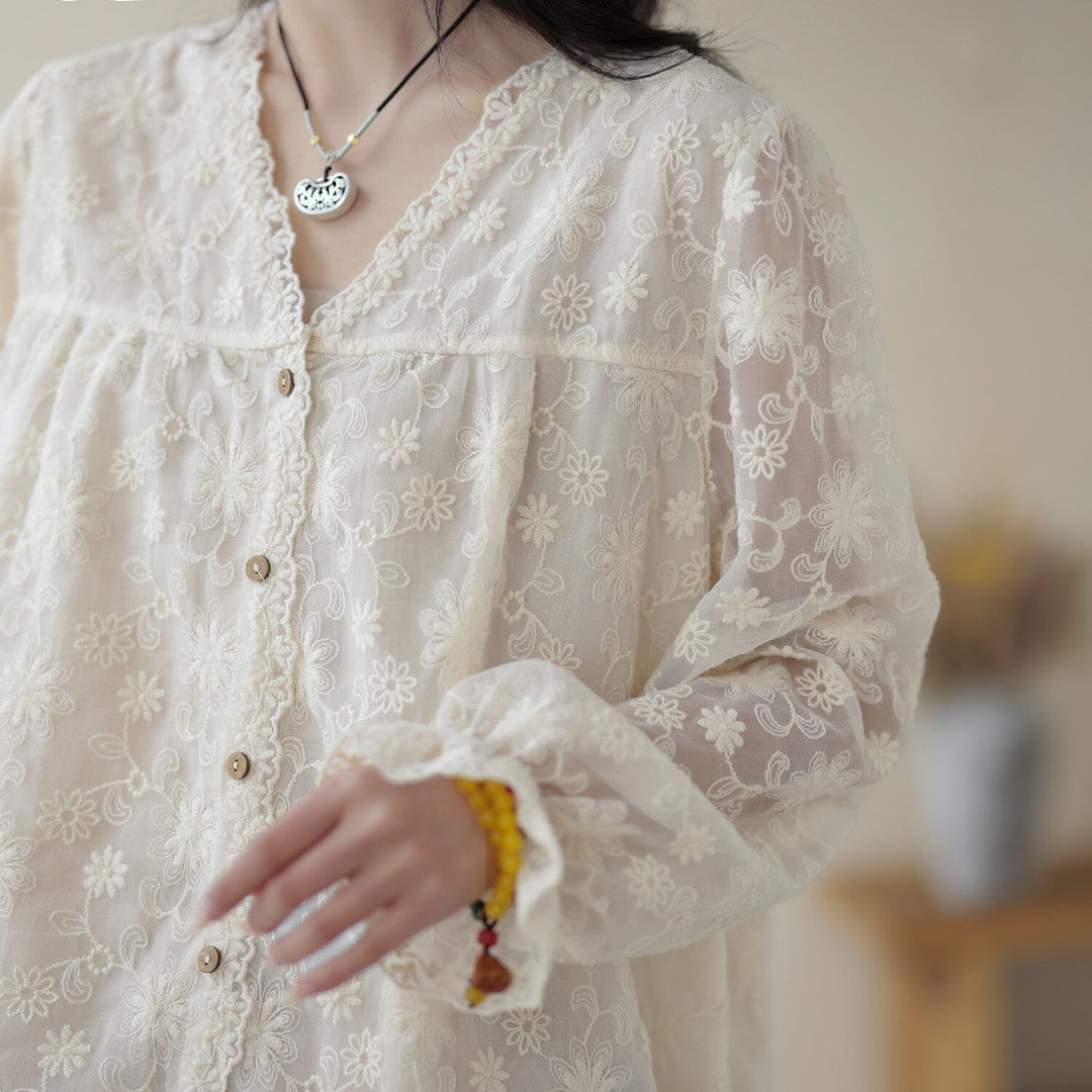 Spring Summer Embroidery Retro Casual Blouse