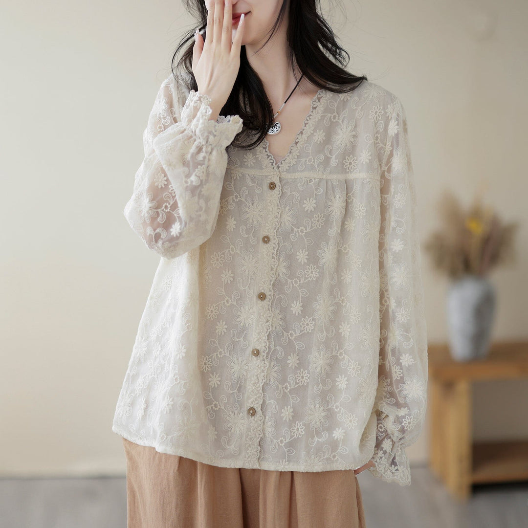 Spring Summer Embroidery Retro Casual Blouse