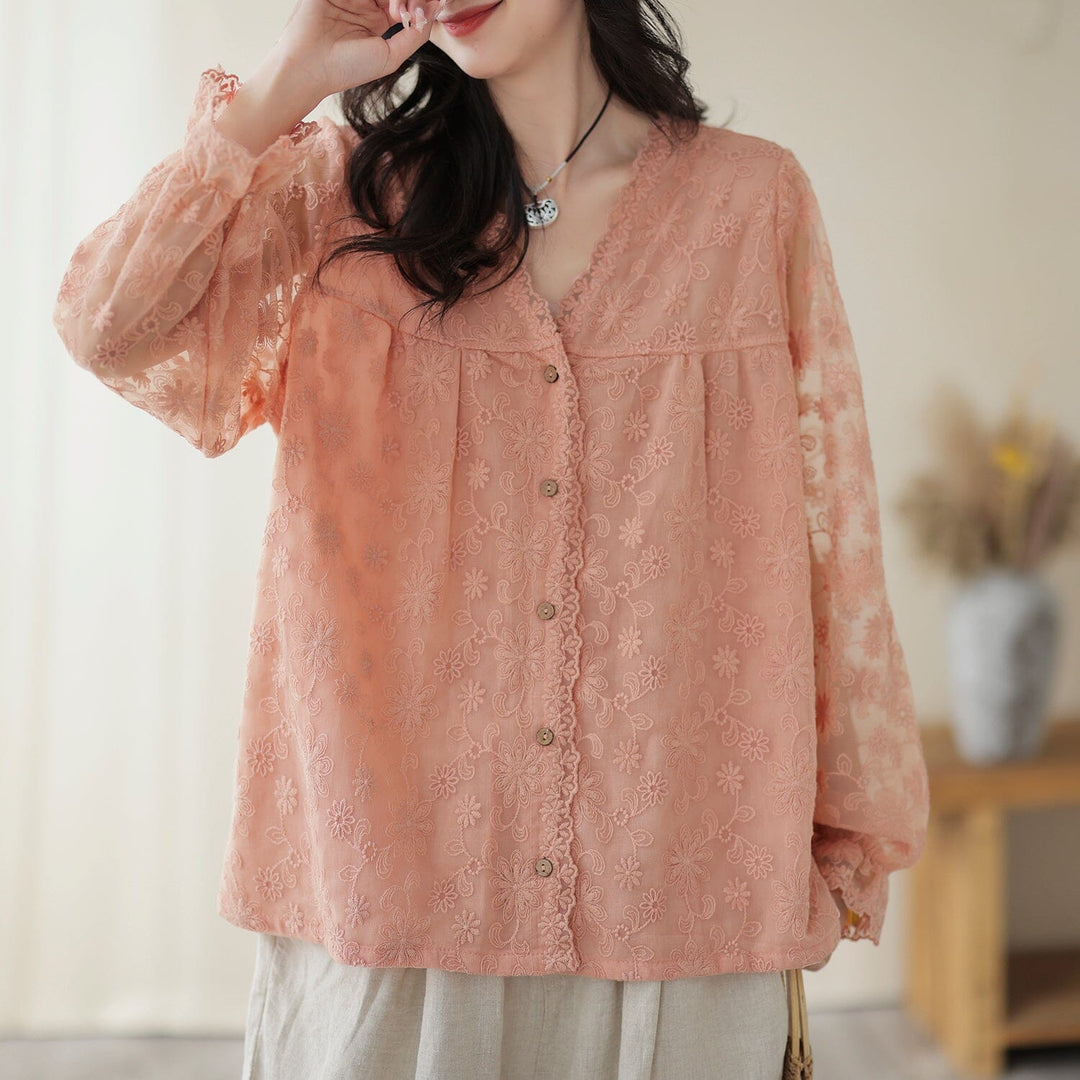 Spring Summer Embroidery Retro Casual Blouse