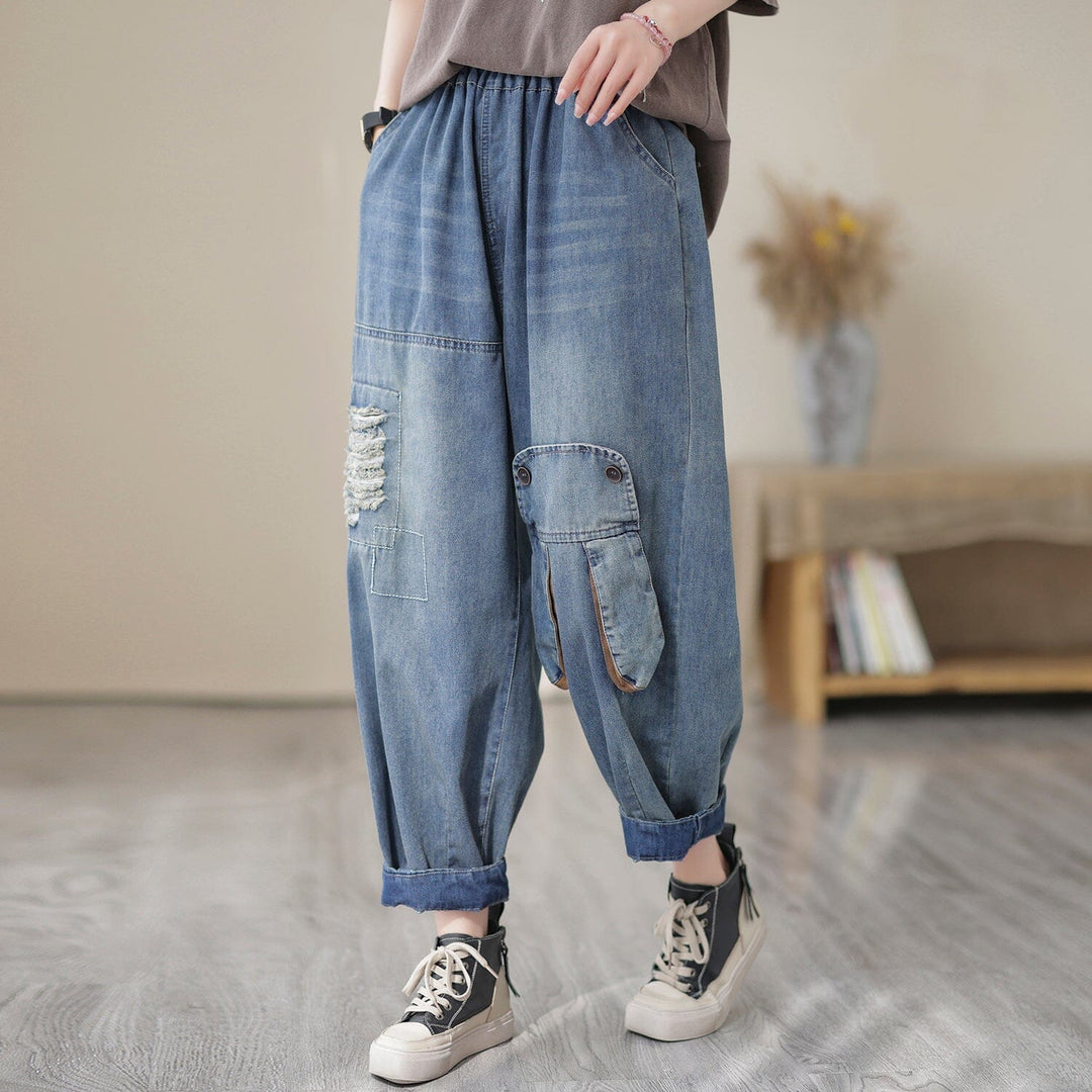 Casual Loose Patchwork Ripped Denim Pants
