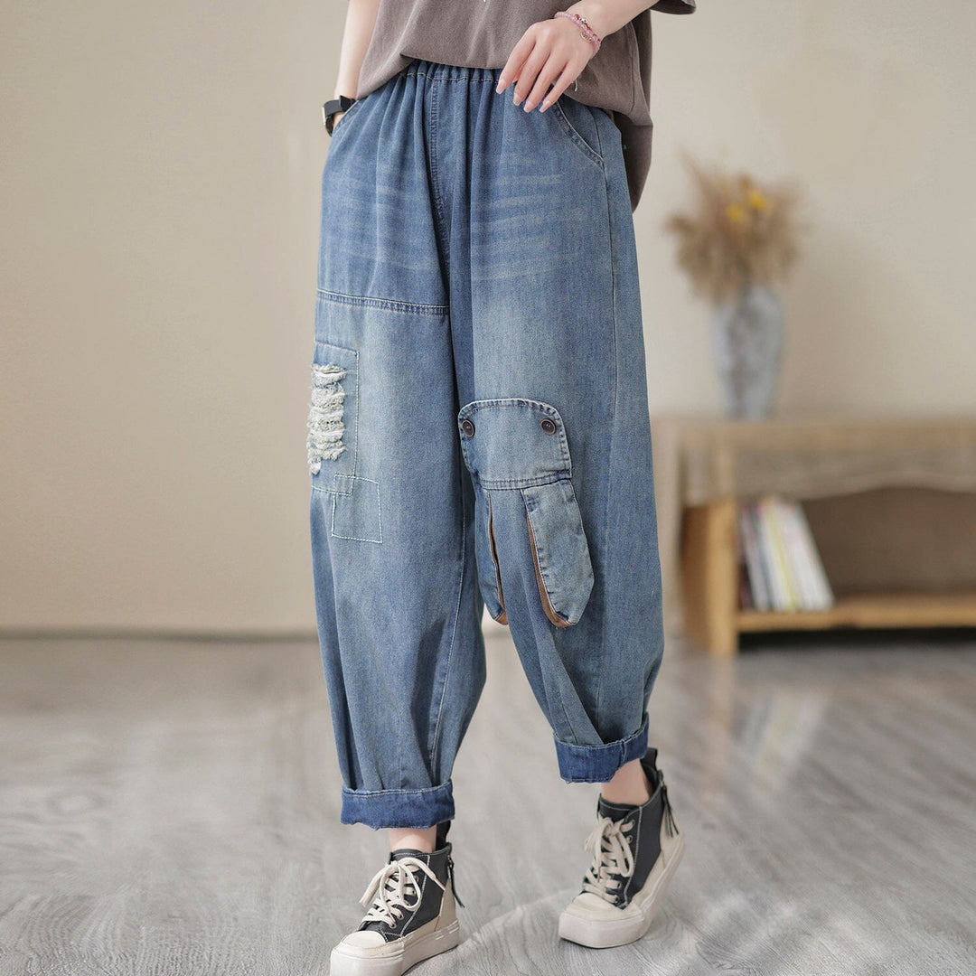 Casual Loose Patchwork Ripped Denim Pants