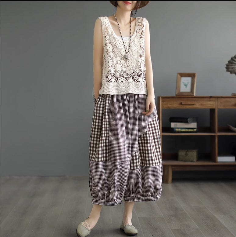 Plus Size Summer Plaid Patchwork Cotton Pants