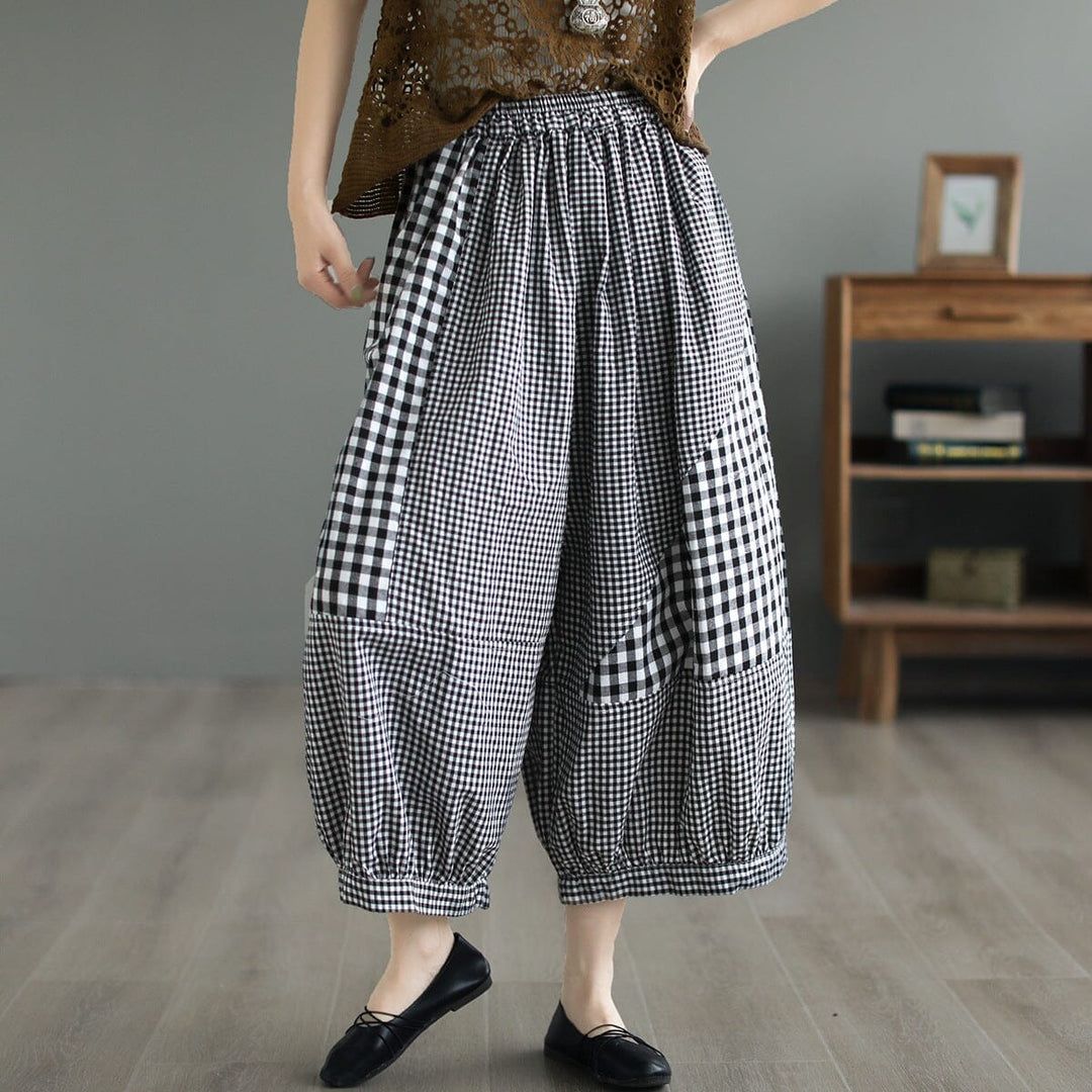 Plus Size Summer Plaid Patchwork Cotton Pants