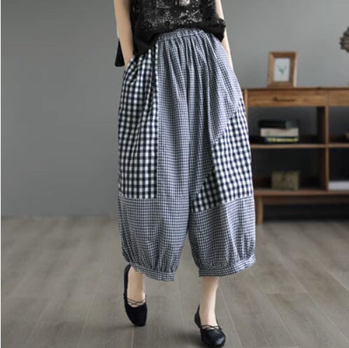 Plus Size Summer Plaid Patchwork Cotton Pants