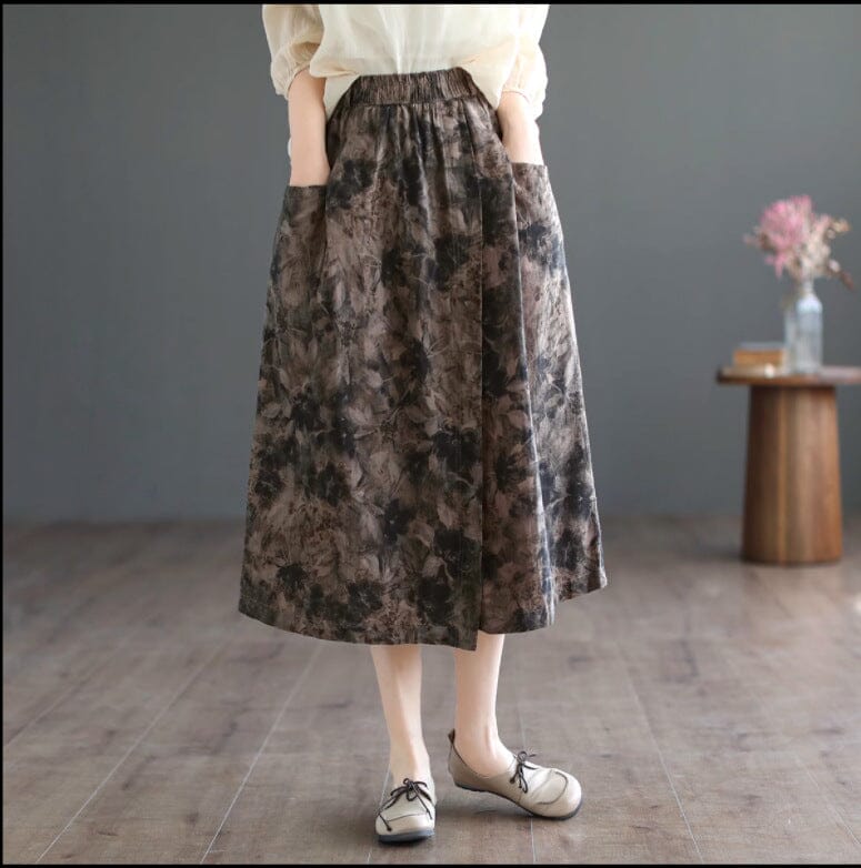 Spring Summer Retro Floral Cotton A-Line Skirt