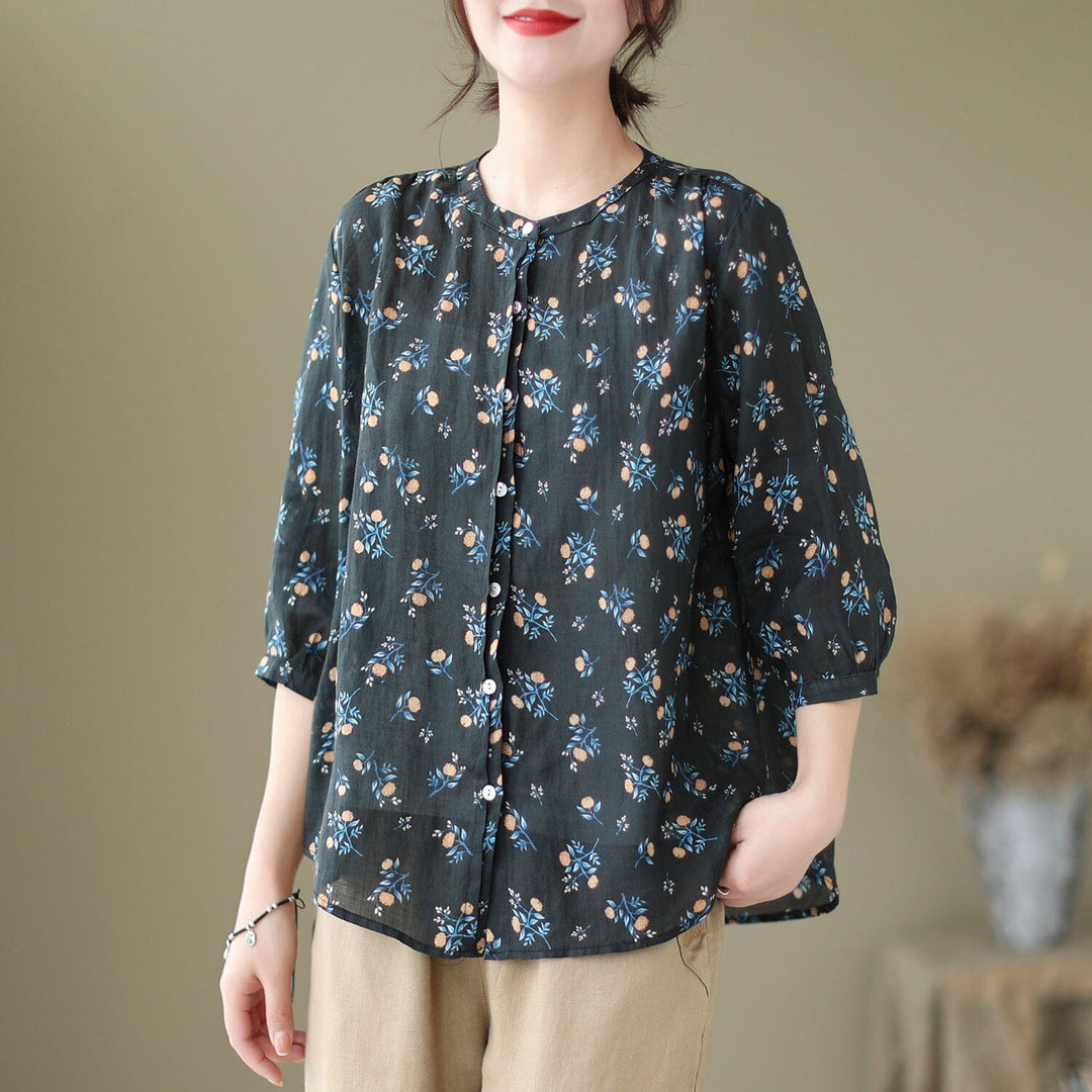 Spring Summer Retro Flowers Loose Linen Blouse