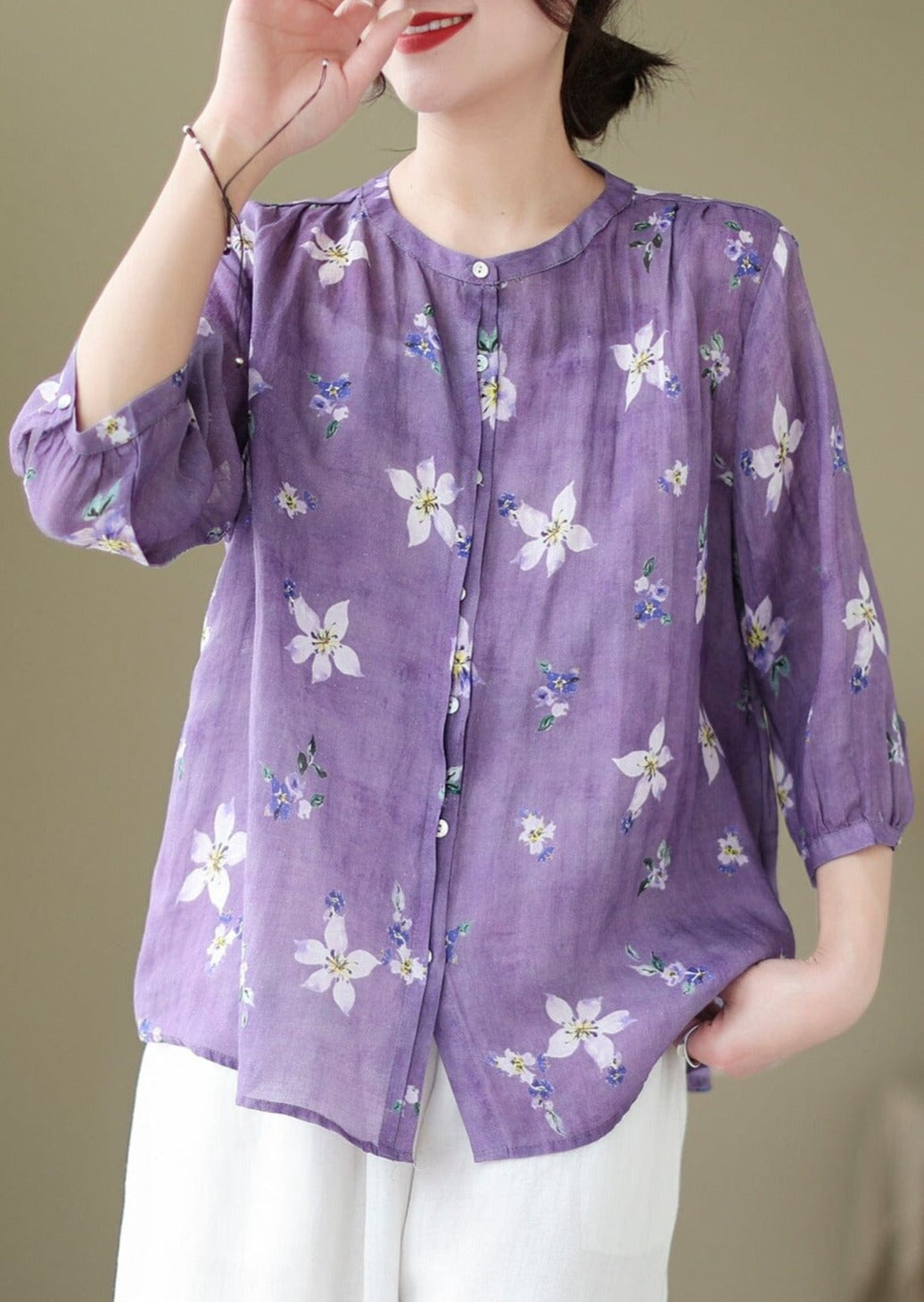 Spring Summer Retro Flowers Loose Linen Blouse