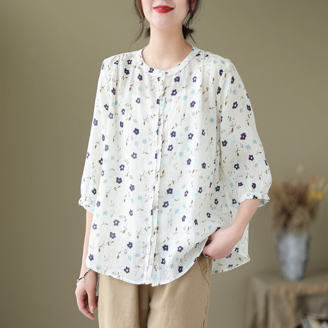 Spring Summer Retro Flowers Loose Linen Blouse