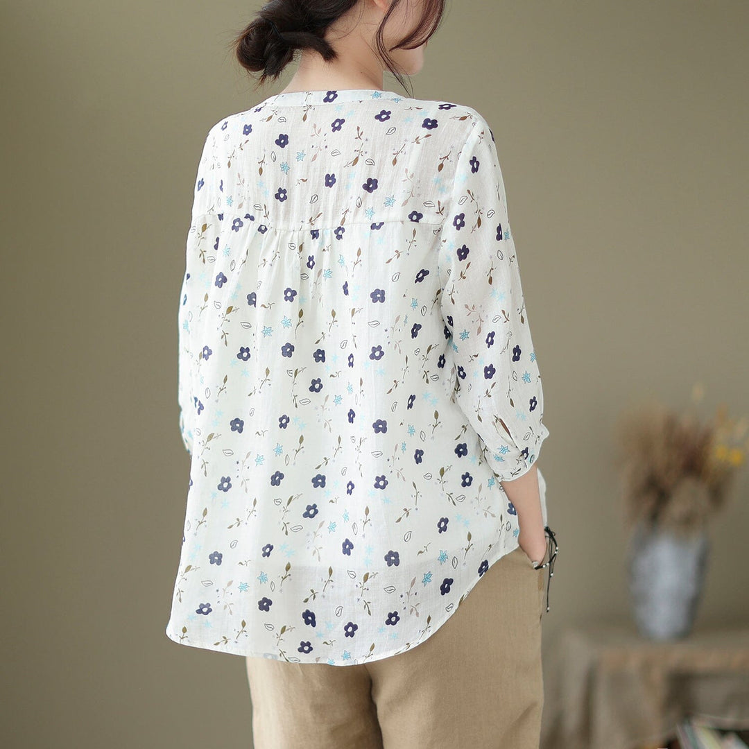 Spring Summer Retro Flowers Loose Linen Blouse