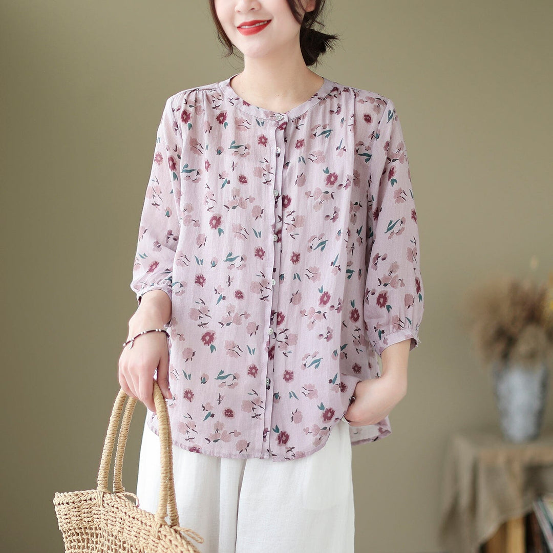 Spring Summer Retro Flowers Loose Linen Blouse