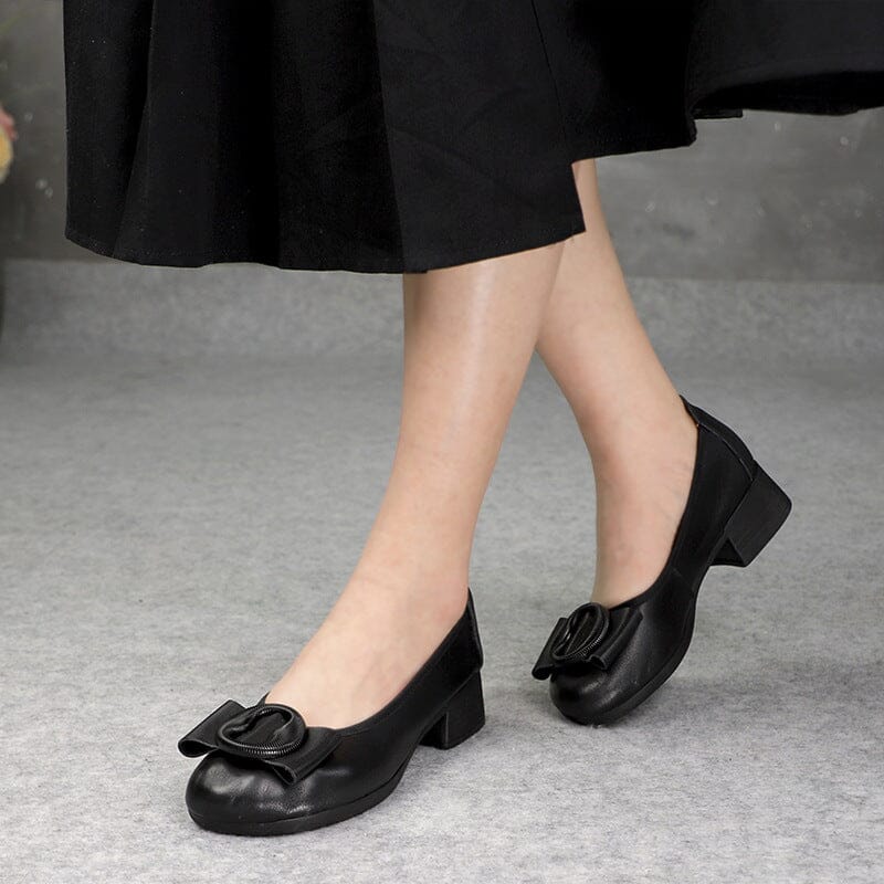 Spring Summer Retro Leather Chunky Heel Loafers