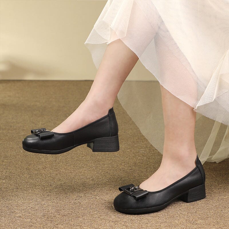 Spring Summer Retro Soft Leather Chunky Heel Loafers