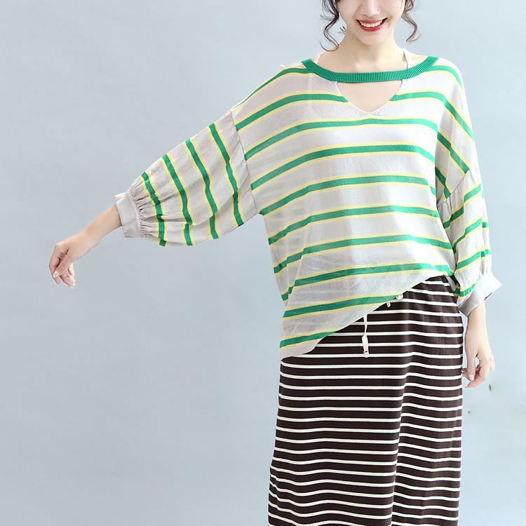 spring green striped cotton tops plus size casual blouse lantern sleeve t shirt - Omychic