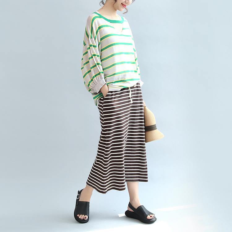 spring green striped cotton tops plus size casual blouse lantern sleeve t shirt - Omychic