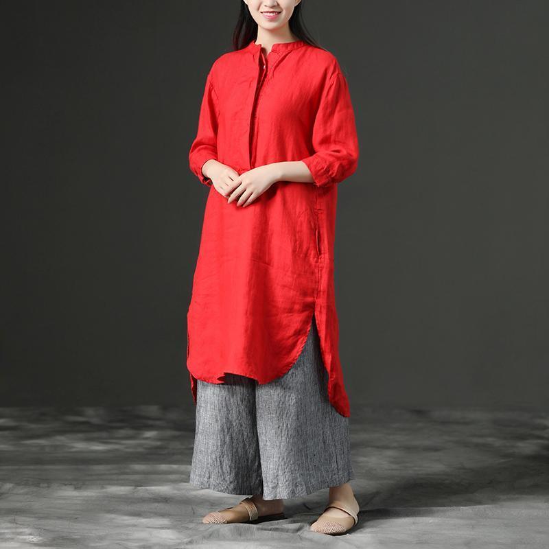 stylish Midi length cotton dress trendy plus size Red Leisure Loose Three Quarter Casual Dresses For Women - Omychic