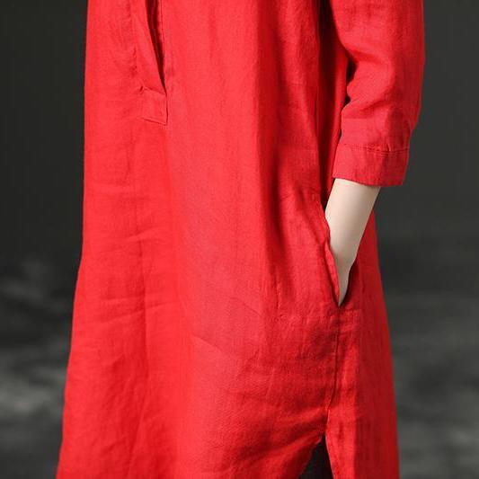 stylish Midi length cotton dress trendy plus size Red Leisure Loose Three Quarter Casual Dresses For Women - Omychic
