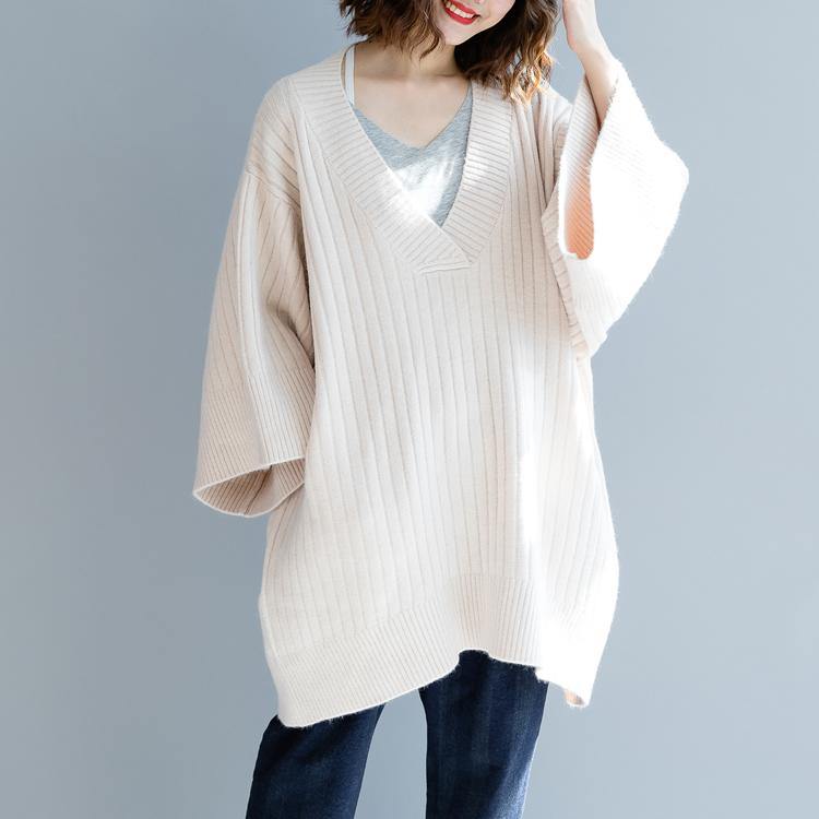 stylish beige winter sweater plus size big v neck knit sweat tops 2018 loose sleeve blouse - Omychic