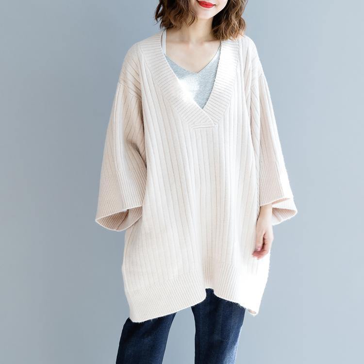 stylish beige winter sweater plus size big v neck knit sweat tops 2018 loose sleeve blouse - Omychic