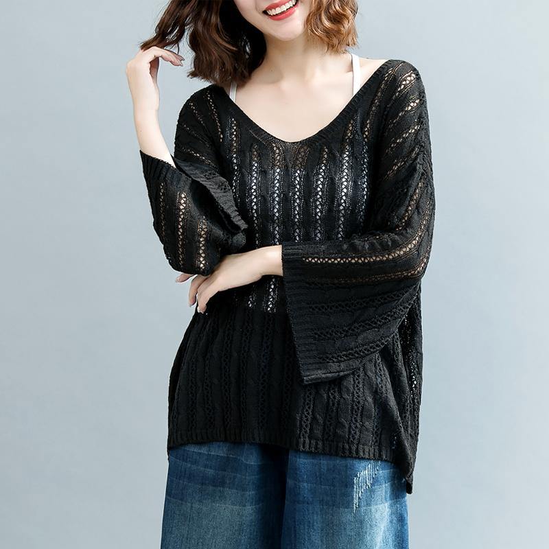 stylish black  knit sweaters Loose fitting v neck knitted blouses 2018 hollow out top - Omychic