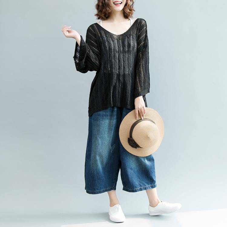 stylish black  knit sweaters Loose fitting v neck knitted blouses 2018 hollow out top - Omychic