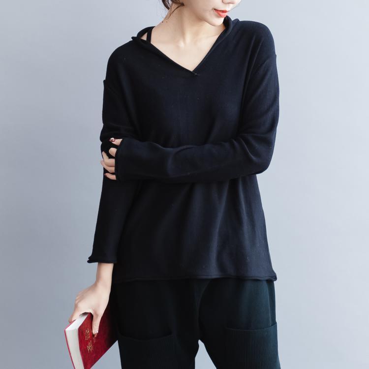 stylish black  sweater Loose fitting v neck knitted tops vintage wild winter shirt - Omychic